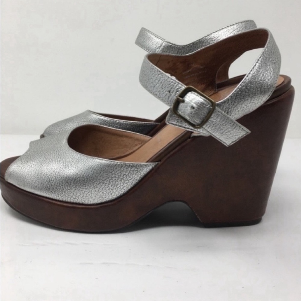Silver Metallic Platform Wedge Sandals with Ankle Strap